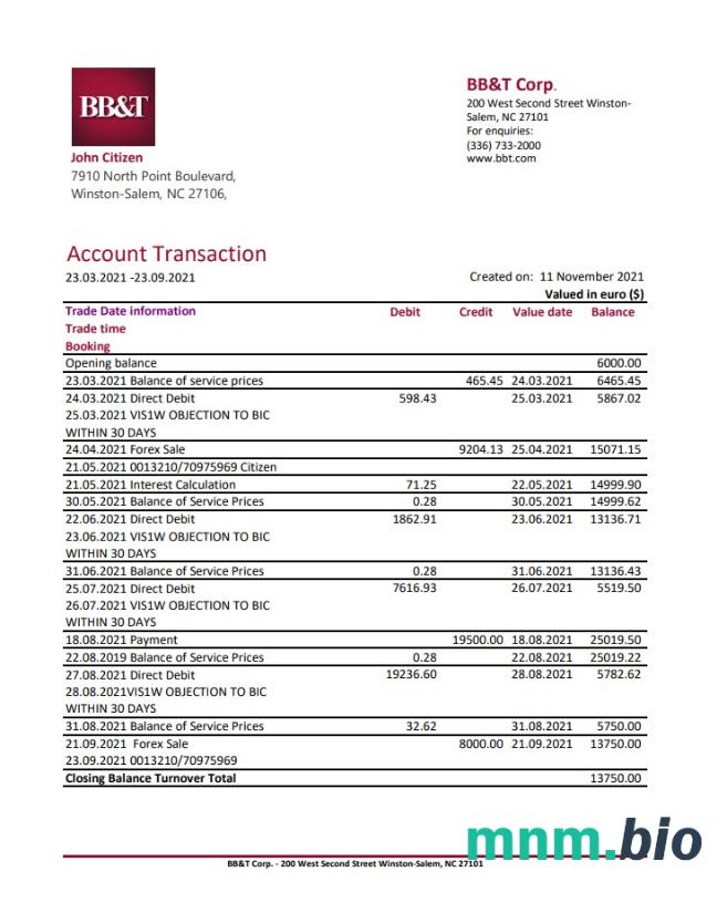 USA North Carolina BB & T Corp. szablon wyciągu bankowego w formacie Excel i PDF (2 strony)
